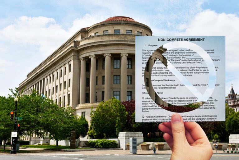 Federal building in the background, with a void sign over non-compete clause indicating a ban non-competes
