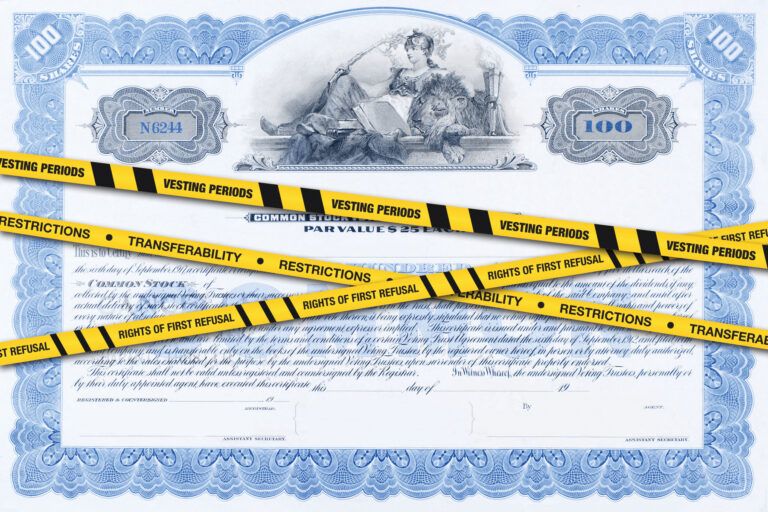 a stock certificate with hazard tape covering it showing some common restrictions placed on restricted stock certificates.