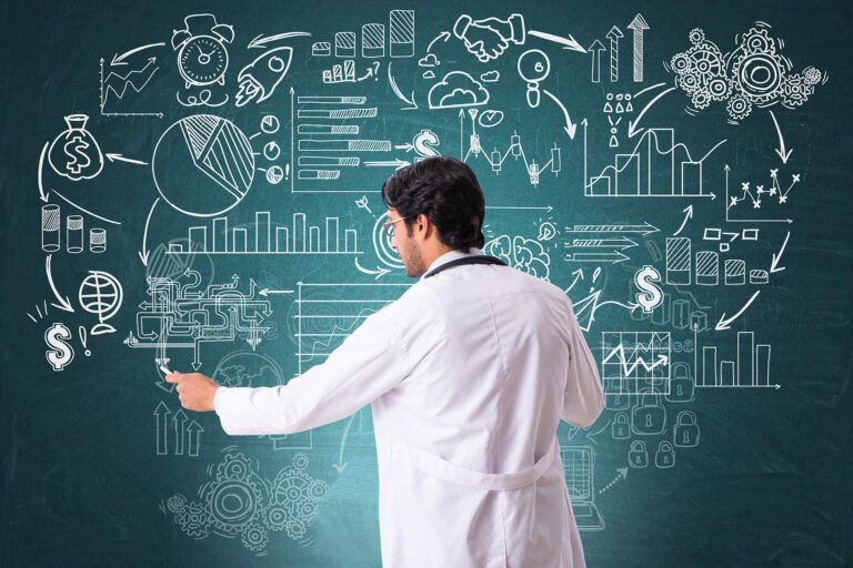 A Physician working on complex problems on a chalkboard. Symbolizes how easy it is to misinterpret a Physician Compensation Model.