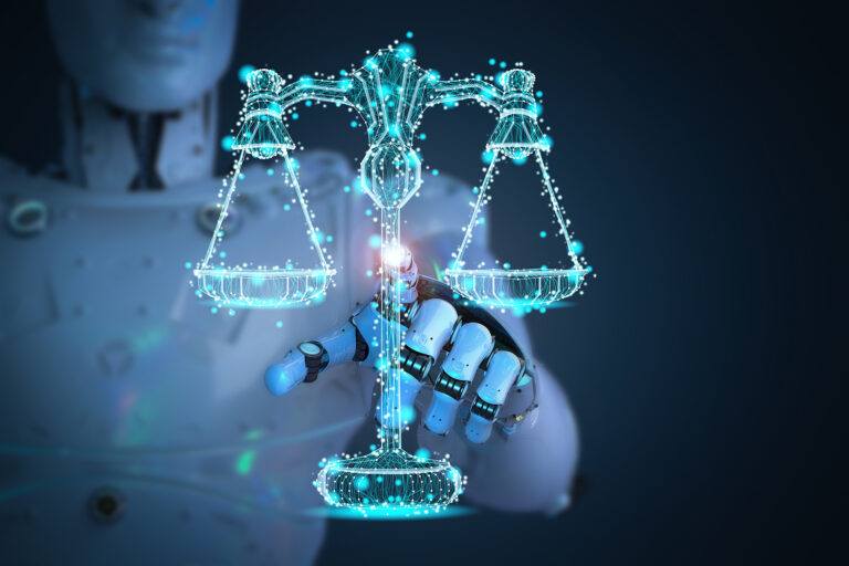 Hybrid AI businessman points out into the distance at an electronic version of the scales of justice. This symbolizes how using AI in the workplace incorrectly causes a plethora of legal issues.