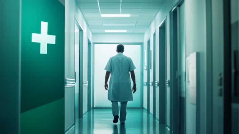 A healthcare professional walking through a hospital corridor towards the exit