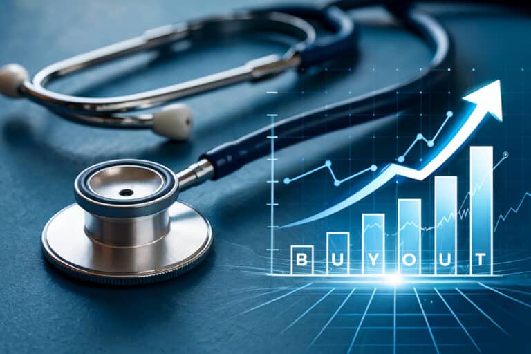 A stethoscope is pictures next to a bar graph ibcreasing with the word "buyout" above the graph.