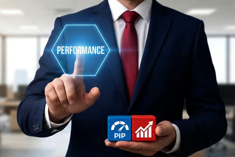 A man is touching a hexagon with the word performance on the inside. He is then holding two blocks in the other hand, one has the word PIP with a gauge on the higher end. The other block has an increasing bar graph with an upwards arrow.