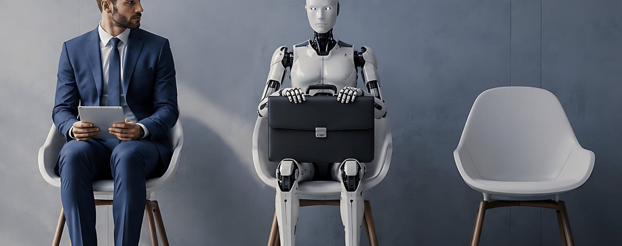 Businessman and humanoid robot sitting on chairs in waiting room