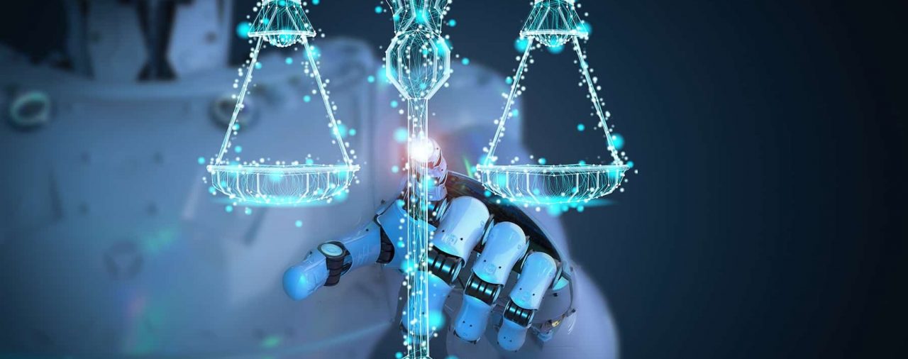 Hybrid AI businessman points out into the distance at an electronic version of the scales of justice. This symbolizes how using AI in the workplace incorrectly causes a plethora of legal issues.