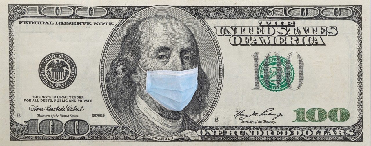 Benjamin Franklin in a mask on a 100-dollar bill isolated on white background. Concept of preventing financial crisis.