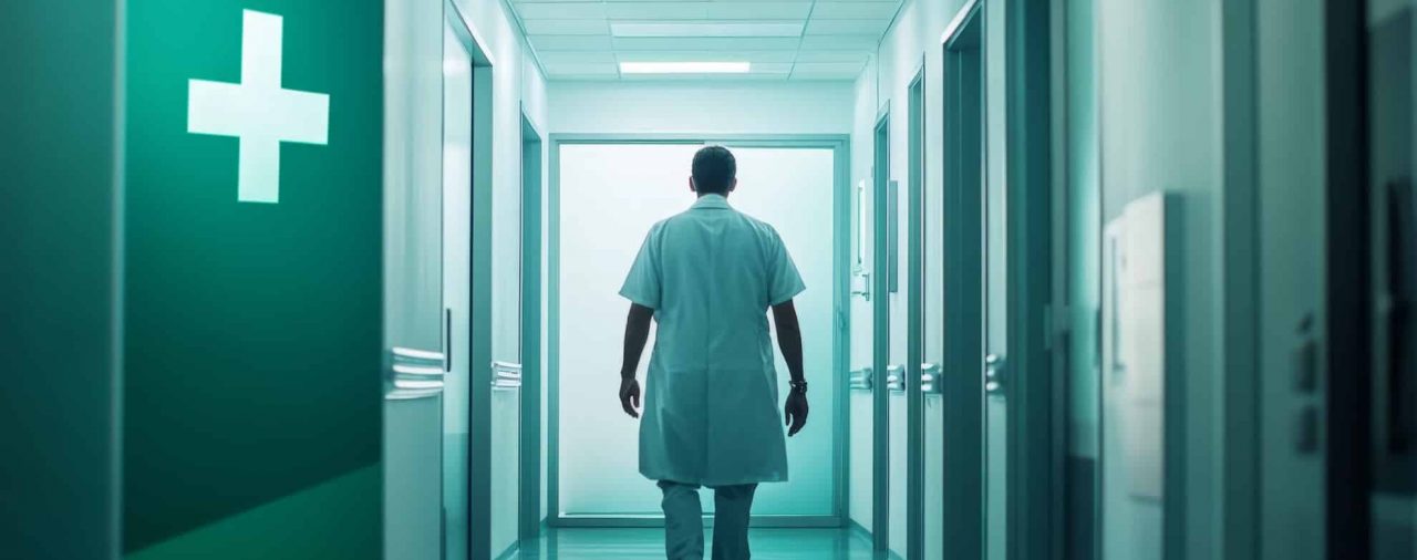 A healthcare professional walking through a hospital corridor towards the exit