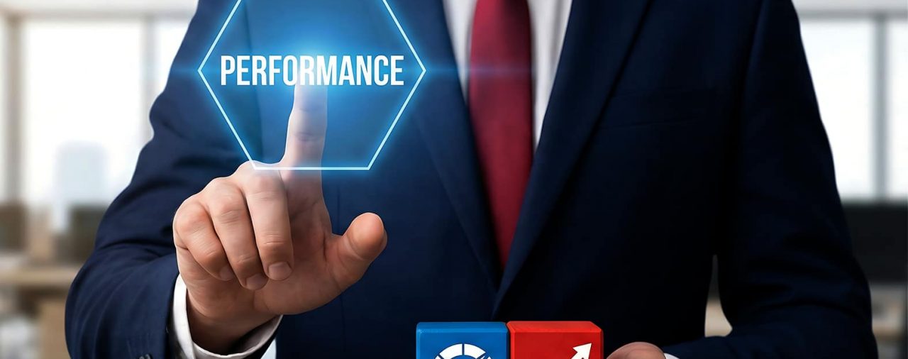 A man is touching a hexagon with the word performance on the inside. He is then holding two blocks in the other hand, one has the word PIP with a gauge on the higher end. The other block has an increasing bar graph with an upwards arrow.