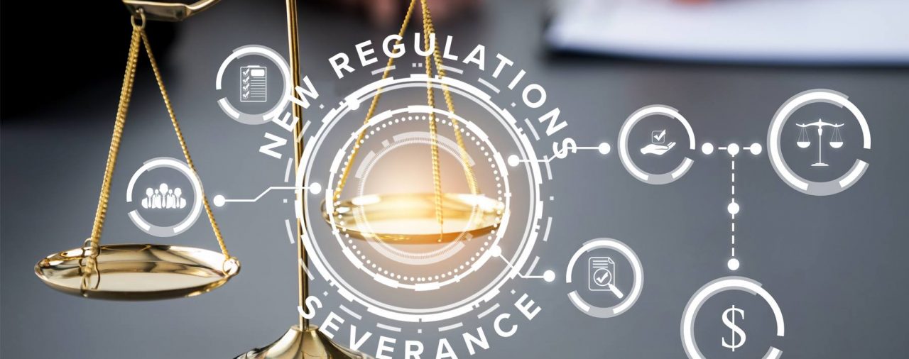 a balancing scale showing a variety of terms affecting severance agreements based on the new regulation on severance agreements