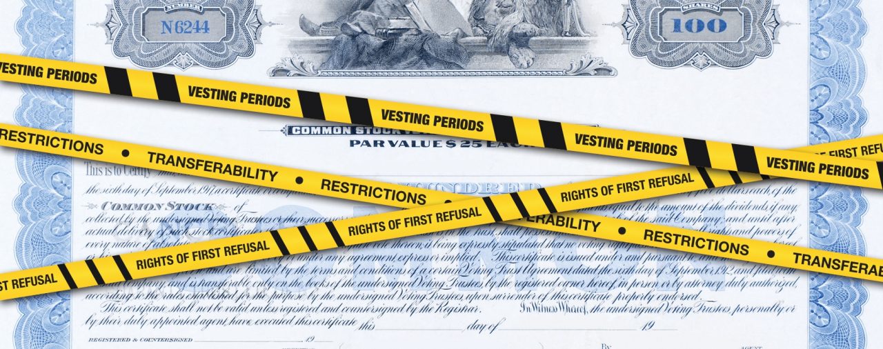 a stock certificate with hazard tape covering it showing some common restrictions placed on restricted stock certificates.