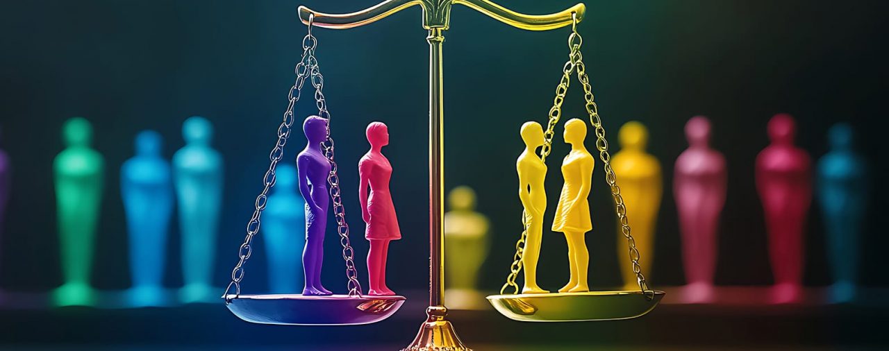 Rainbow equality background with symbolic scale and diverse people image
