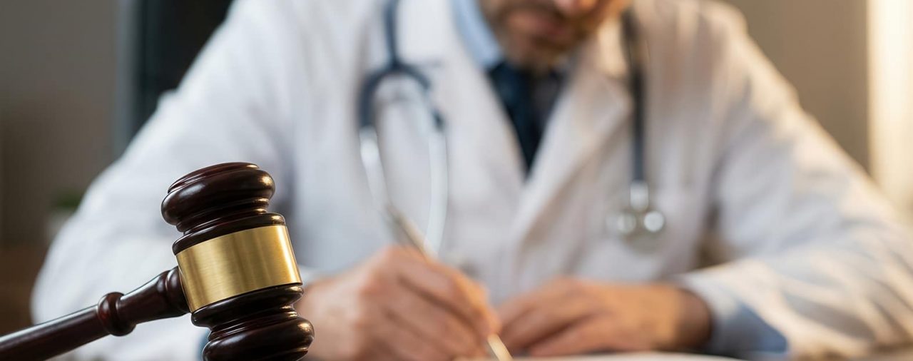 Medical professional sitting at a desk with a wooden gavel repre
