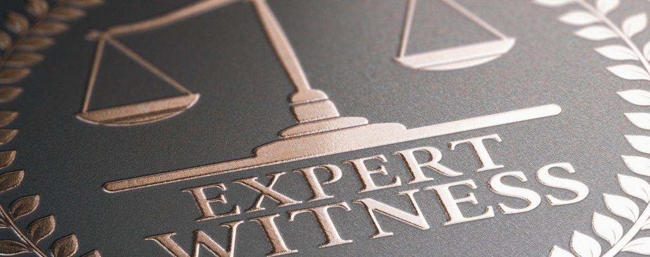 3D illustration of a golden stamp where it is written the text expert witness. Legal expertise.